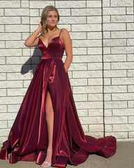 A Line Glitter Burgundy 2025 Prom Dresses V Neck Sleeveless Evening Dress MyChicDress