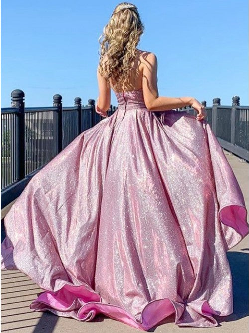 A Line Glitter Metallic Prom Dresses With Pockets Spaghetti Strap MyChicDress