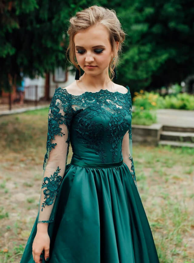 A-Line Green Long Sleeve Prom Dresses Satin Off the Shoulder Appliques MyChicDress