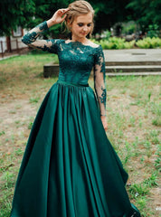 A-Line Green Long Sleeve Prom Dresses Satin Off the Shoulder Appliques MyChicDress