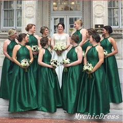 A Line Halter Emerald Green Bridesmaid Dresses Satin Wedding Guest Dresses MyChicDress