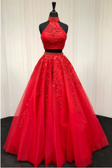 A Line Halter Lace Red 2 Piece Prom Dresses Tulle Evening Gown MyChicDress