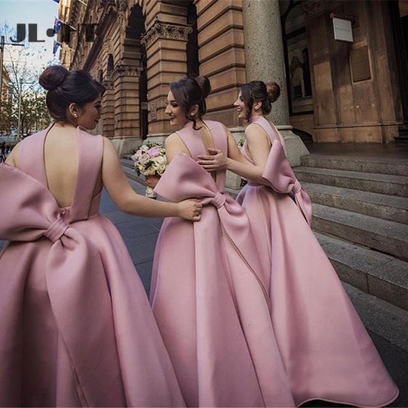 A Line High Neck Satin Bridesmaid Dresses Sleeveless with Bowknot MyChicDress