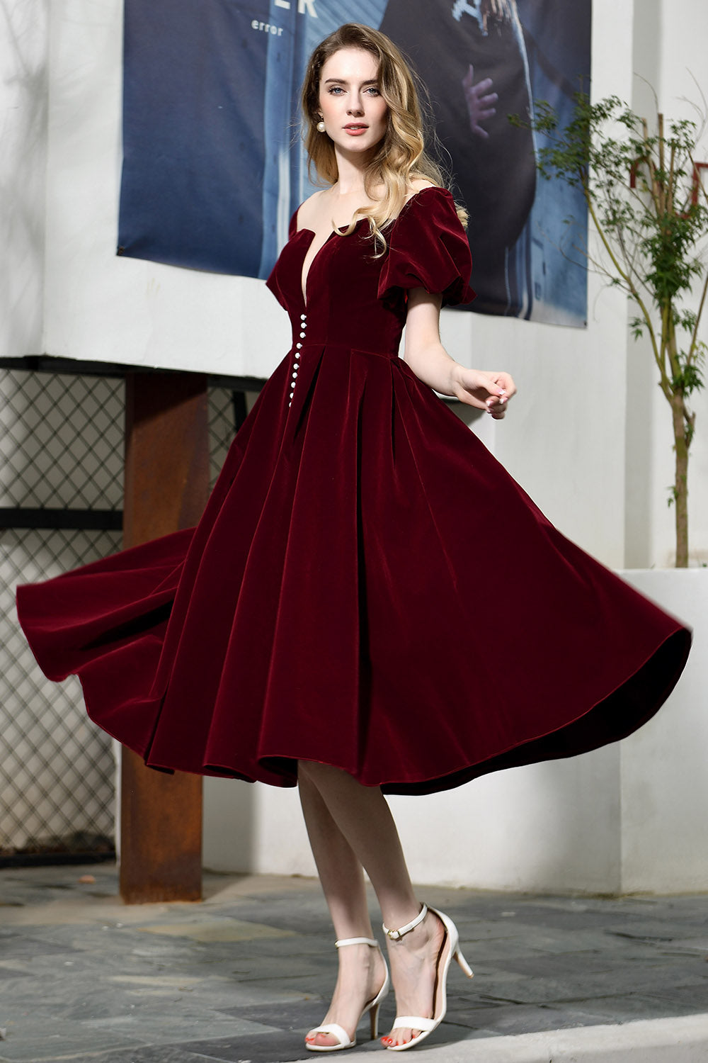 A Line Jewel Velvet Wine Prom Dresses Short Sleeves MyChicDress