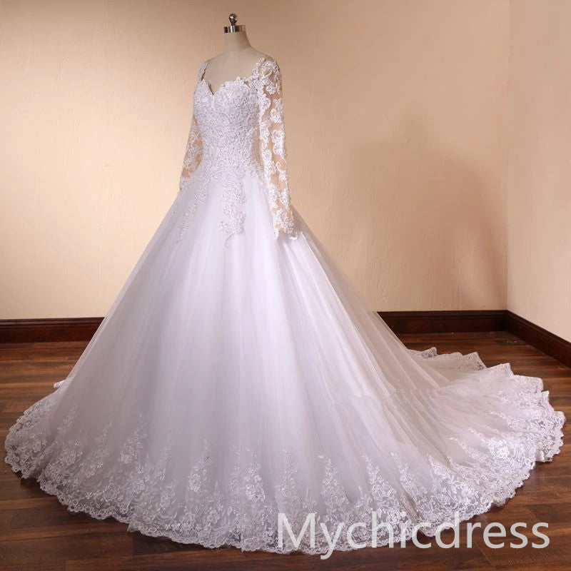 A Line Lace Appliques Vintage Wedding Dresses with Pearls MyChicDress