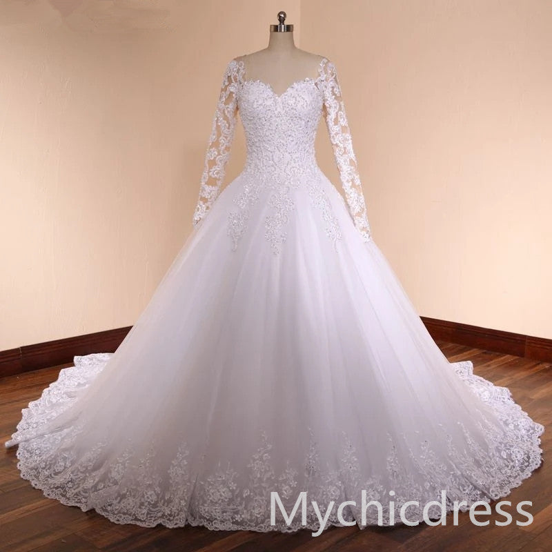 A Line Lace Appliques Vintage Wedding Dresses with Pearls MyChicDress