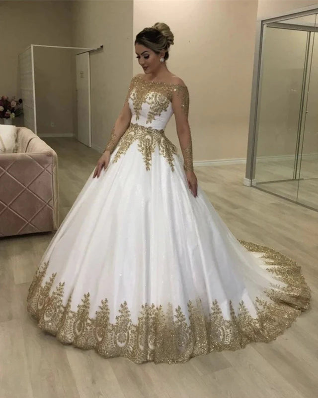 A Line Lace Beaded Gold White Wedding Dresses Off the Shoulder MyChicDress