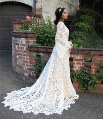 A-Line Lace Boho Puff sleeve Wedding Dress Backless Bohemian Bride Dress MyChicDress