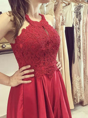 A-Line Lace Long Red Prom Dresses Sheath Halter Formal Graduation Dresses MyChicDress