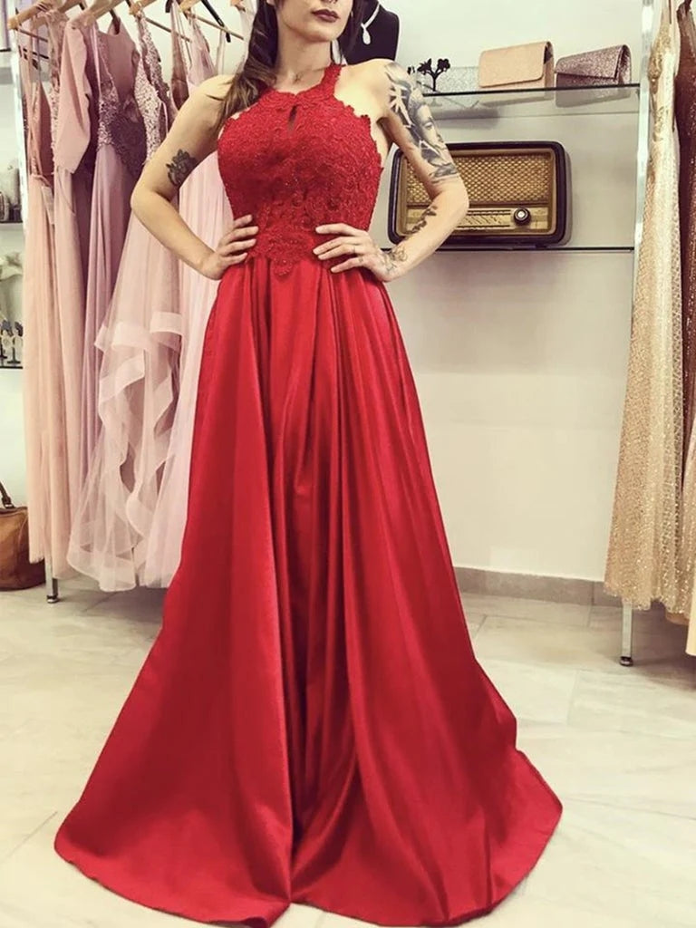 A-Line Lace Long Red Prom Dresses Sheath Halter Formal Graduation Dresses MyChicDress