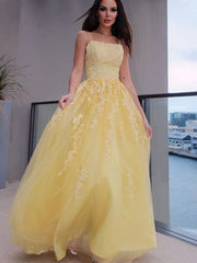 A Line Lace Long Sleeveless Prom Dresses Yellow Spaghettis Straps - MyChicDress