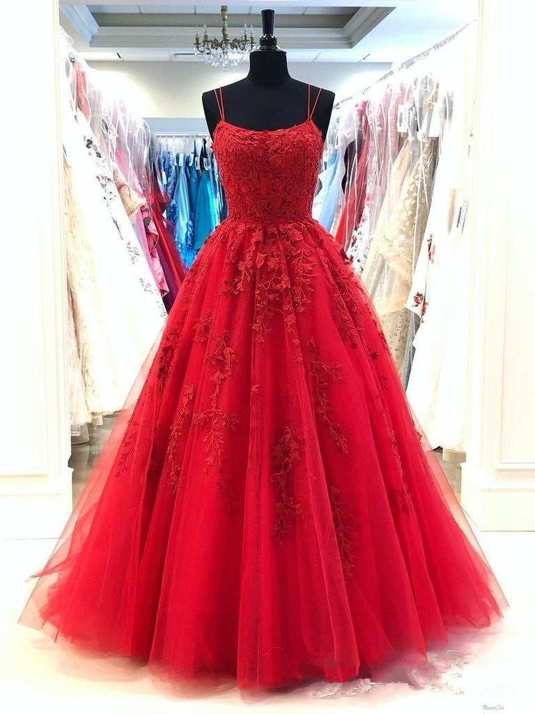 A Line Lace Red Prom Dresses Long Spaghetti Back Crossed MyChicDress