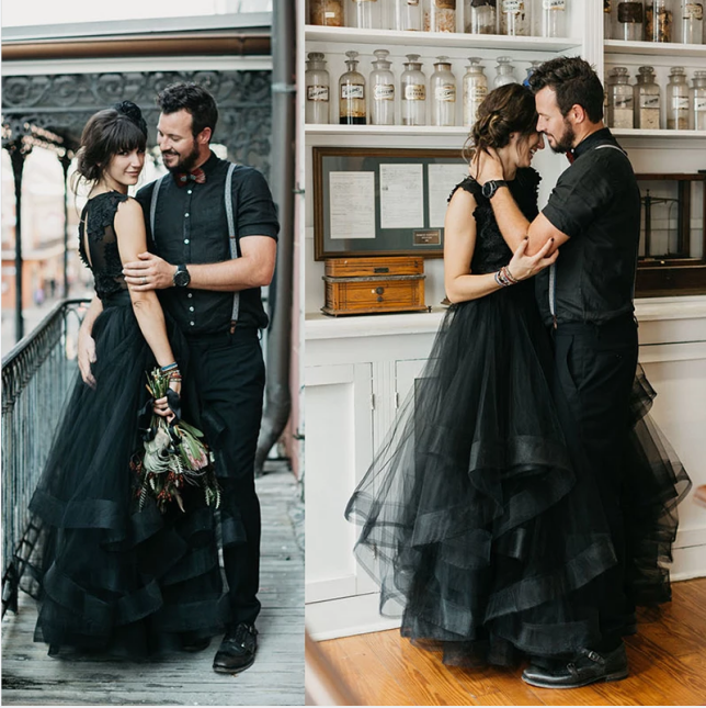 A Line Lace Tulle Sleeveless Black Gothic Wedding Dresses MyChicDress