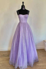 A Line Lilac Shiny Prom Dresses 2025 Spaghetti Straps Tulle Long Formal Dress MyChicDress