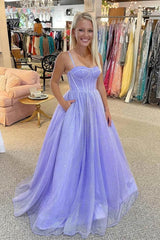 A Line Lilac Shiny Prom Dresses 2025 Spaghetti Straps Tulle Long Formal Dress MyChicDress