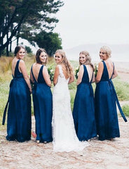 A Line Long Chiffon Blue Bridesmaid Dresses Sleeveless Backless MyChicDress