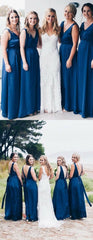 A Line Long Chiffon Blue Bridesmaid Dresses Sleeveless Backless MyChicDress