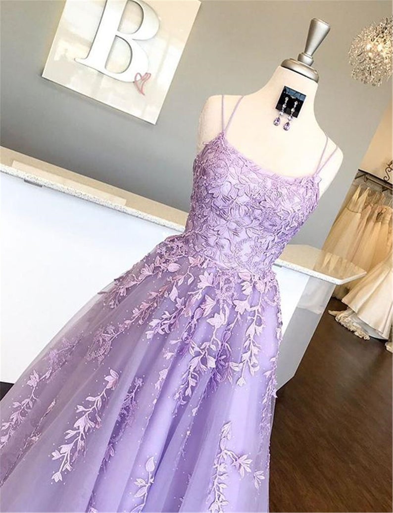 A Line Long Lace Prom Dresses Spaghetti Straps Sleeveless MyChicDress