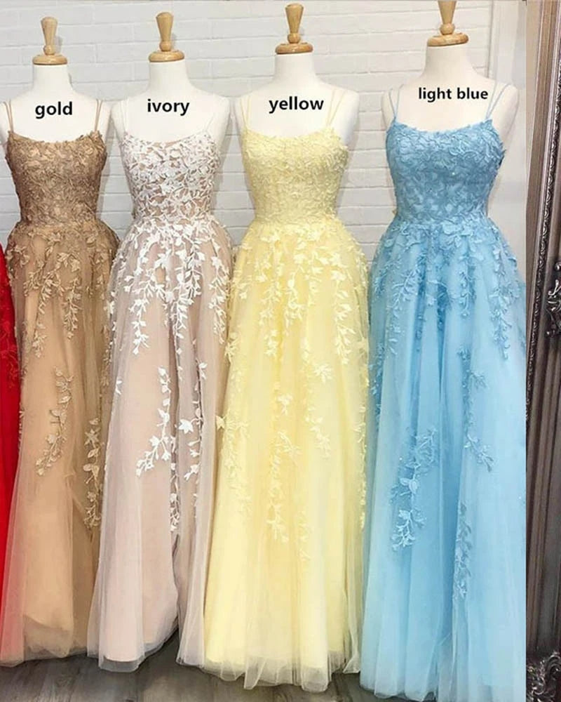 A Line Long Lace Prom Dresses Spaghetti Straps Sleeveless MyChicDress