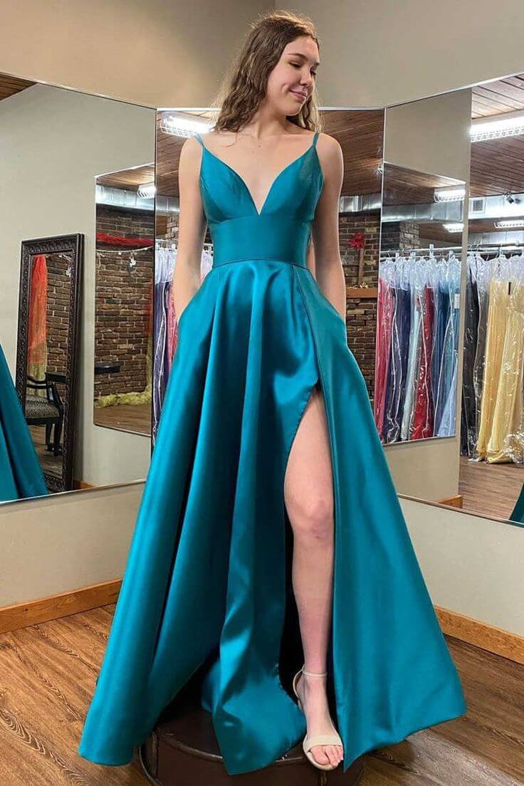 A-Line Long Prom Dress Satin Side Slit Teal Green Formal Dress with Pockets MyChicDress