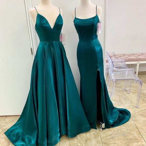 A Line Long Satin Emerald Green Prom Dresses 2025 with Split MyChicDress