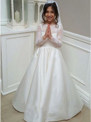 A Line Long Sleeves Lace Satin White Flower Girl Dresses MyChicDress