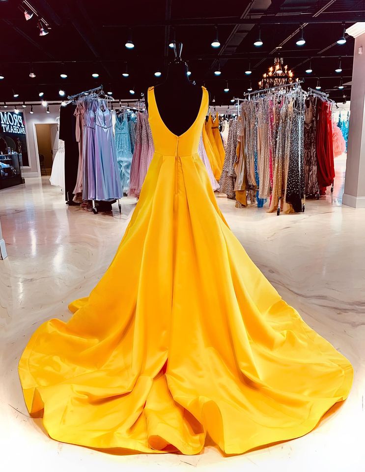 A Line Long V Neck Sleeveless Yellow Prom Formal Dresses MyChicDress