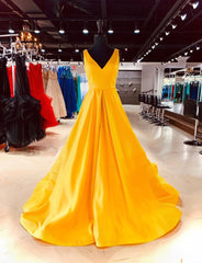 A Line Long V Neck Sleeveless Yellow Prom Formal Dresses MyChicDress