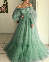 A Line Off The Shoulder Sage Green Prom Dress Long Tulle Wedding Dress Bubble Sleeves MyChicDress