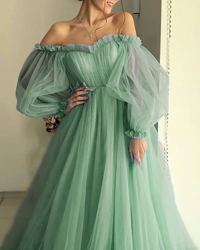 A Line Off The Shoulder Sage Green Prom Dress Long Tulle Wedding Dress Bubble Sleeves MyChicDress