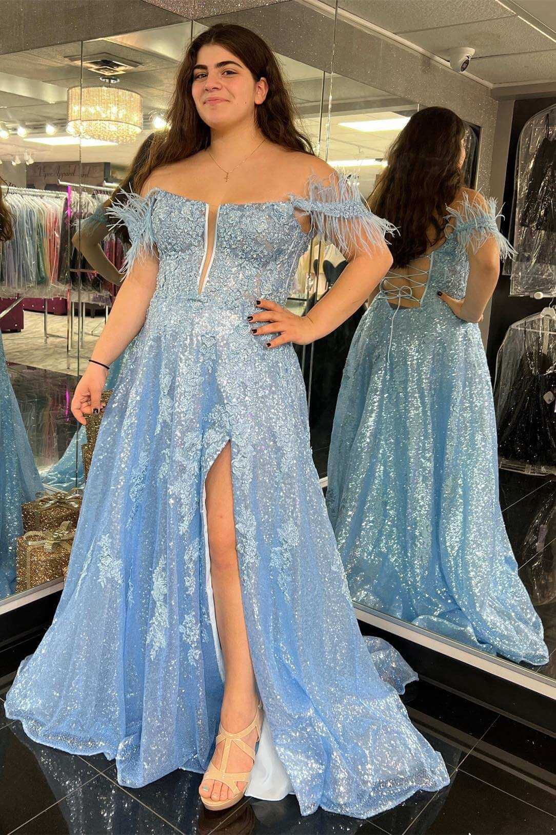 A Line Off-the-Shoulder 2025 Blue Plus Size Prom Dresses Sequin Feather with Slit MyChicDress