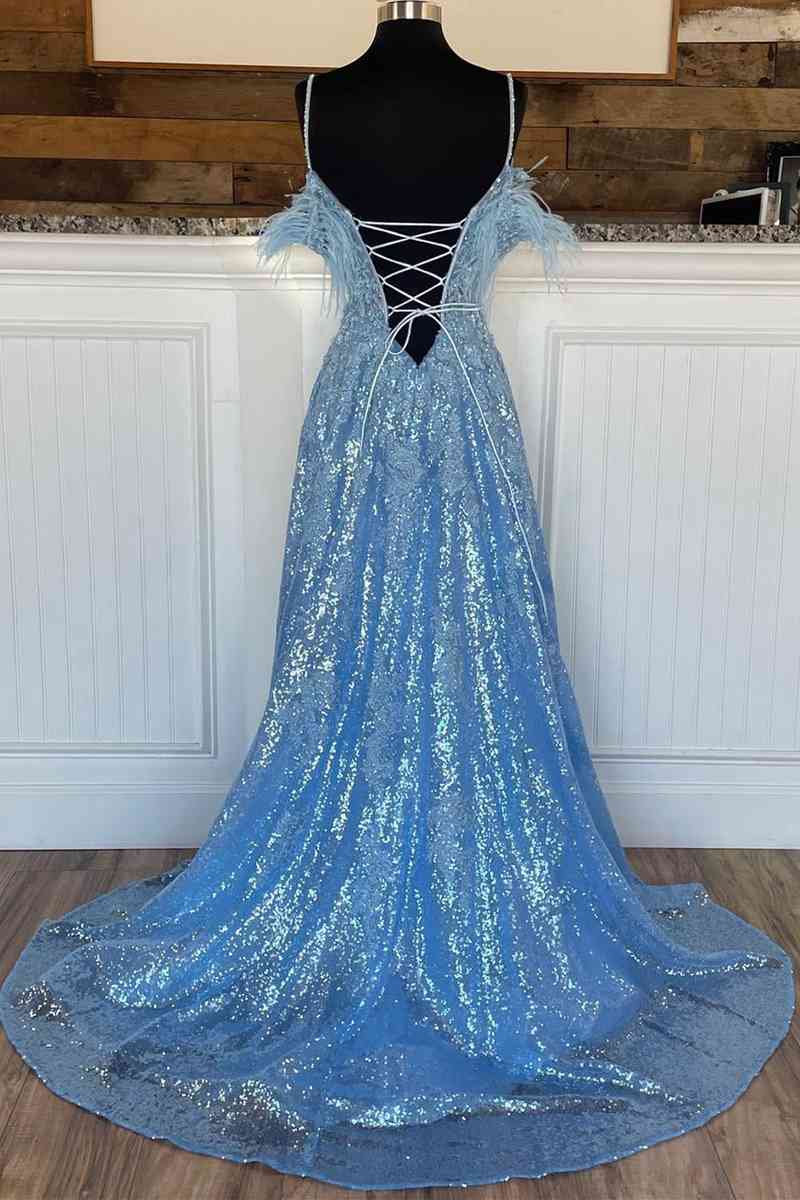 A Line Off-the-Shoulder 2025 Blue Plus Size Prom Dresses Sequin Feather with Slit MyChicDress