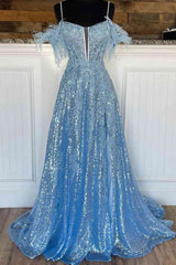 A Line Off-the-Shoulder 2025 Blue Plus Size Prom Dresses Sequin Feather with Slit MyChicDress