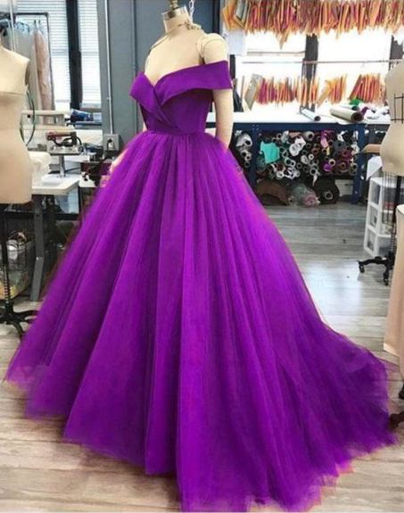 A Line Off the Shoulder 2025 Purple Tulle Prom Dresses Long Evening Gown MyChicDress