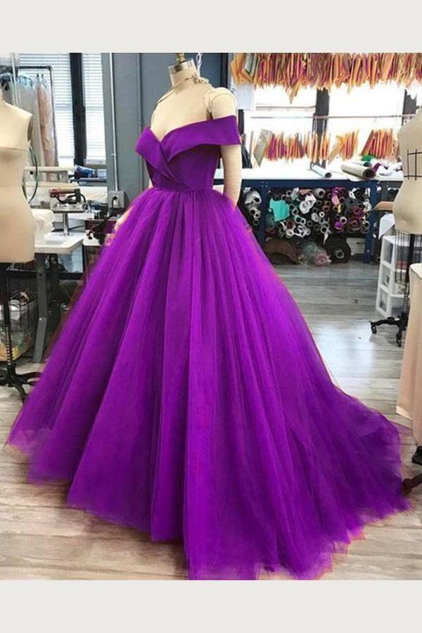 A Line Off the Shoulder 2025 Purple Tulle Prom Dresses Long Evening Gown MyChicDress