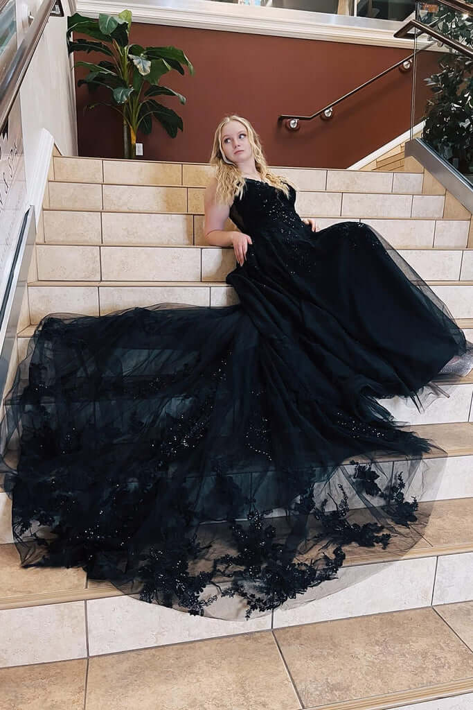 A-Line Plus Size Black 2025 Prom Dresses Lace Spaghetti Straps Tulle Formal Dress MyChicDress