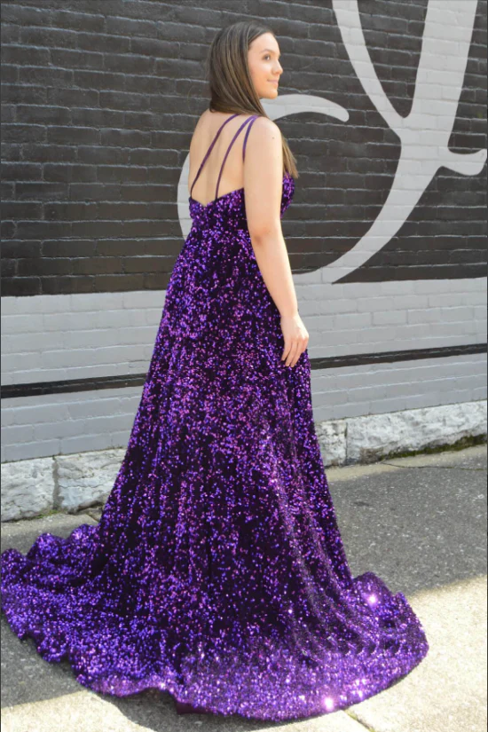 A-Line Plus Size Sequins Iridescent Prom Dresses Purple One Shoulder MyChicDress