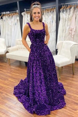 A-Line Purple Sequin Prom Dresses Square Neck Backless Long Formal Dresses MyChicDress