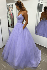 A-Line Purple Tulle Long Prom Dresses 2025 Spaghetti Straps Backless Evening Dress MyChicDress