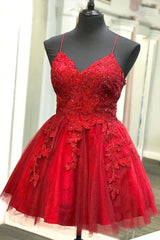 A Line Red Lace Homecoming Dresses Short V Neck Beaded Damas Dress MyChicDress