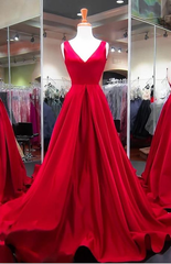 A Line Red Prom Dresses V Neck Satin Long Evening Dress MyChicDress