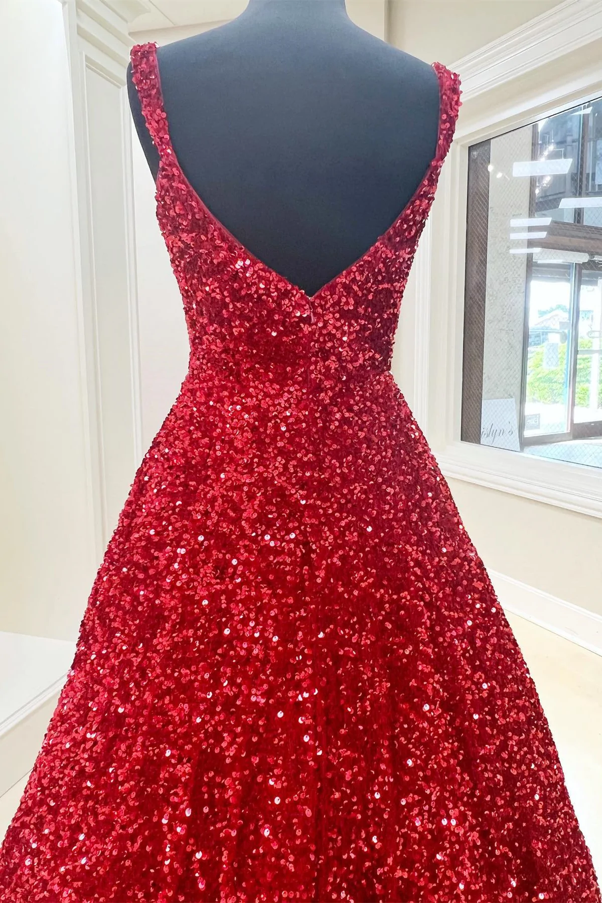 A-Line Red Sequin Quince Dresses Square Neck Backless Long Prom Dresses MyChicDress