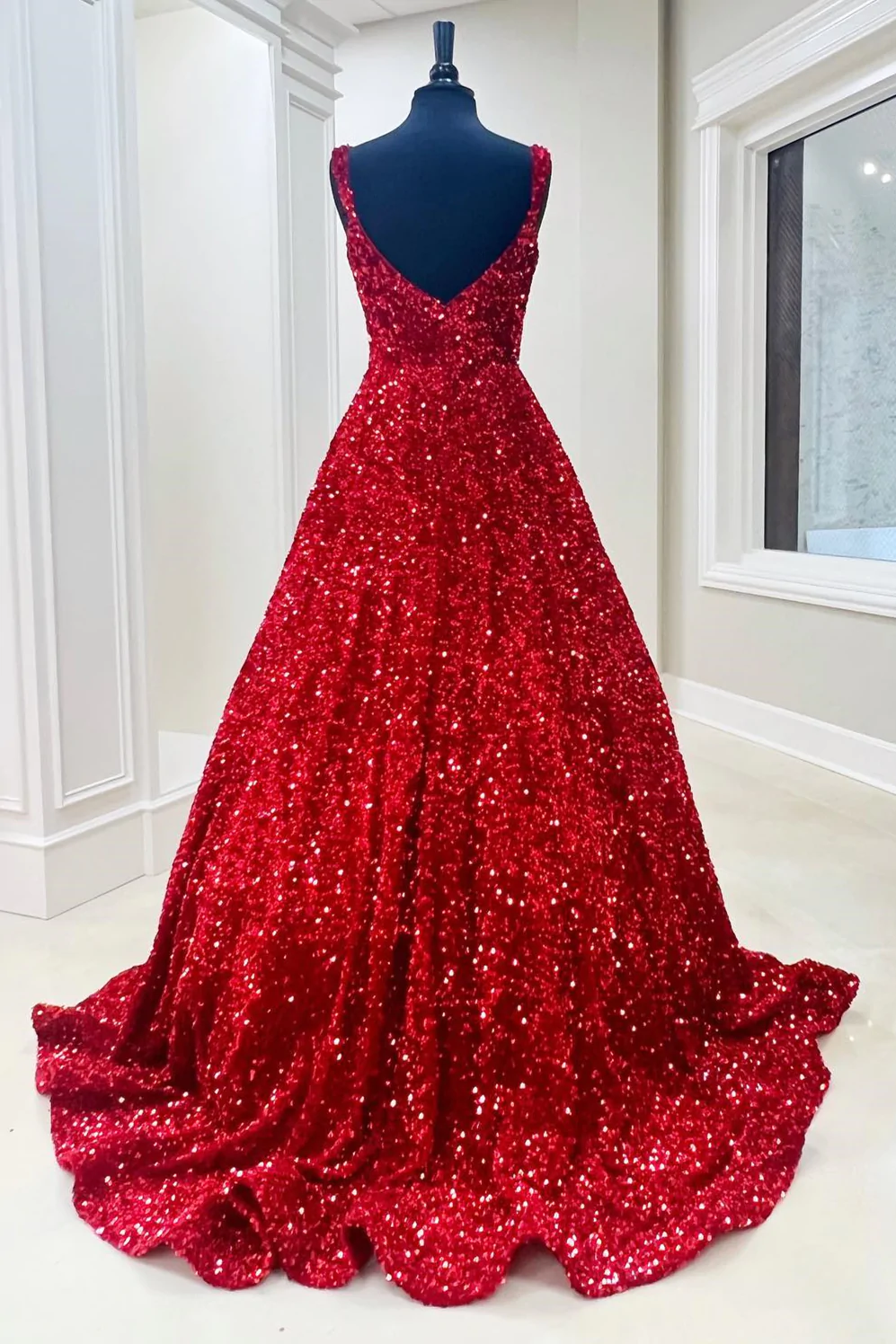 A-Line Red Sequin Quince Dresses Square Neck Backless Long Prom Dresses MyChicDress