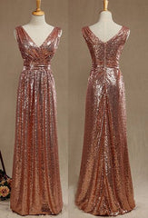 A Line Rose Gold Sequin Bridesmaid Dresses Long Glitter Wedding Guest Dress MyChicDress