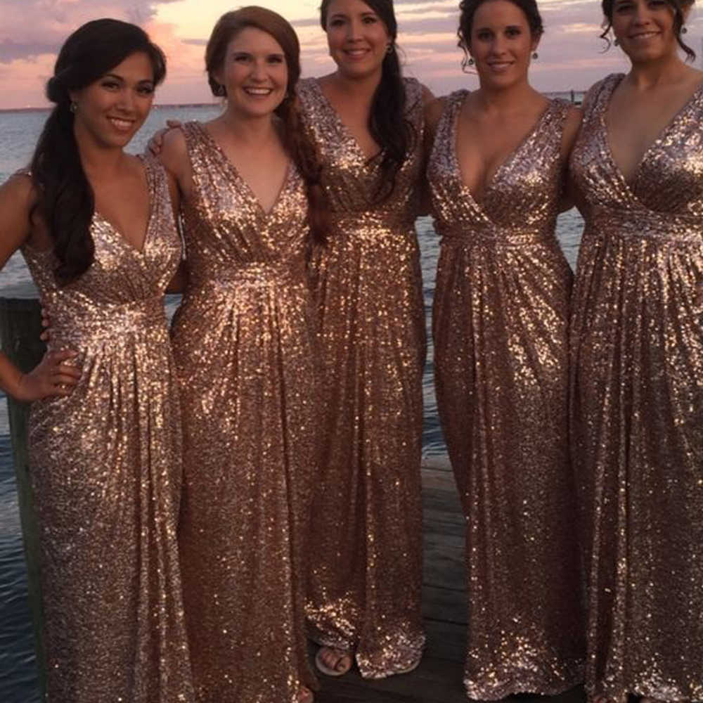 A Line Rose Gold Sequin Bridesmaid Dresses Long Glitter Wedding Guest Dress MyChicDress