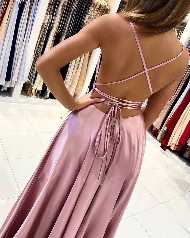 A Line Satin Blush Pink Prom Dresses Cross Back Split Side MyChicDress