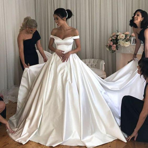 A Line Satin Wedding Dresses Off the Shoulder Bridal Gown with Train MyChicDress