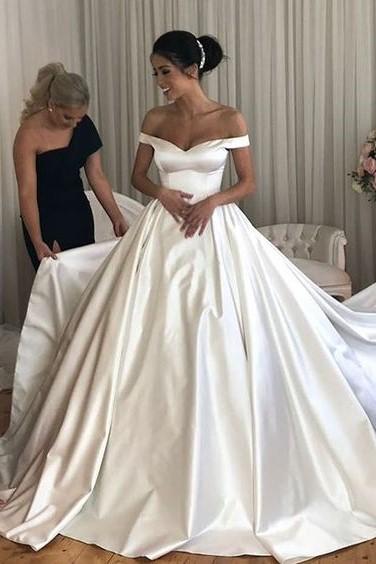 A Line Satin Wedding Dresses Off the Shoulder Bridal Gown with Train MyChicDress