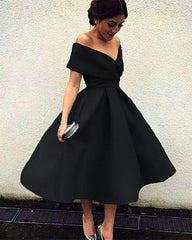 A Line Satin Wedding Guest Dresses Tea Length V-neck Off The Shoulder Prom Dress MyChicDress