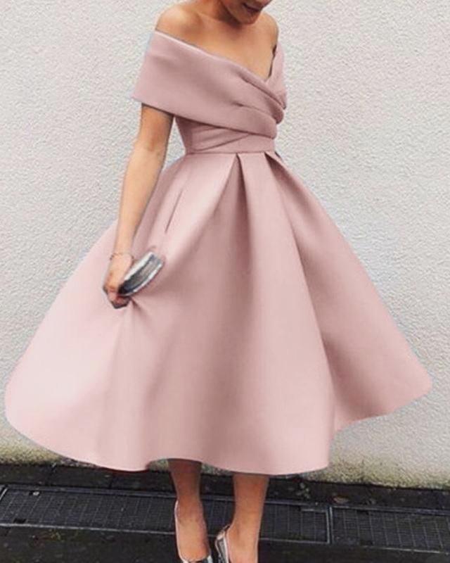 A Line Satin Wedding Guest Dresses Tea Length V-neck Off The Shoulder Prom Dress MyChicDress